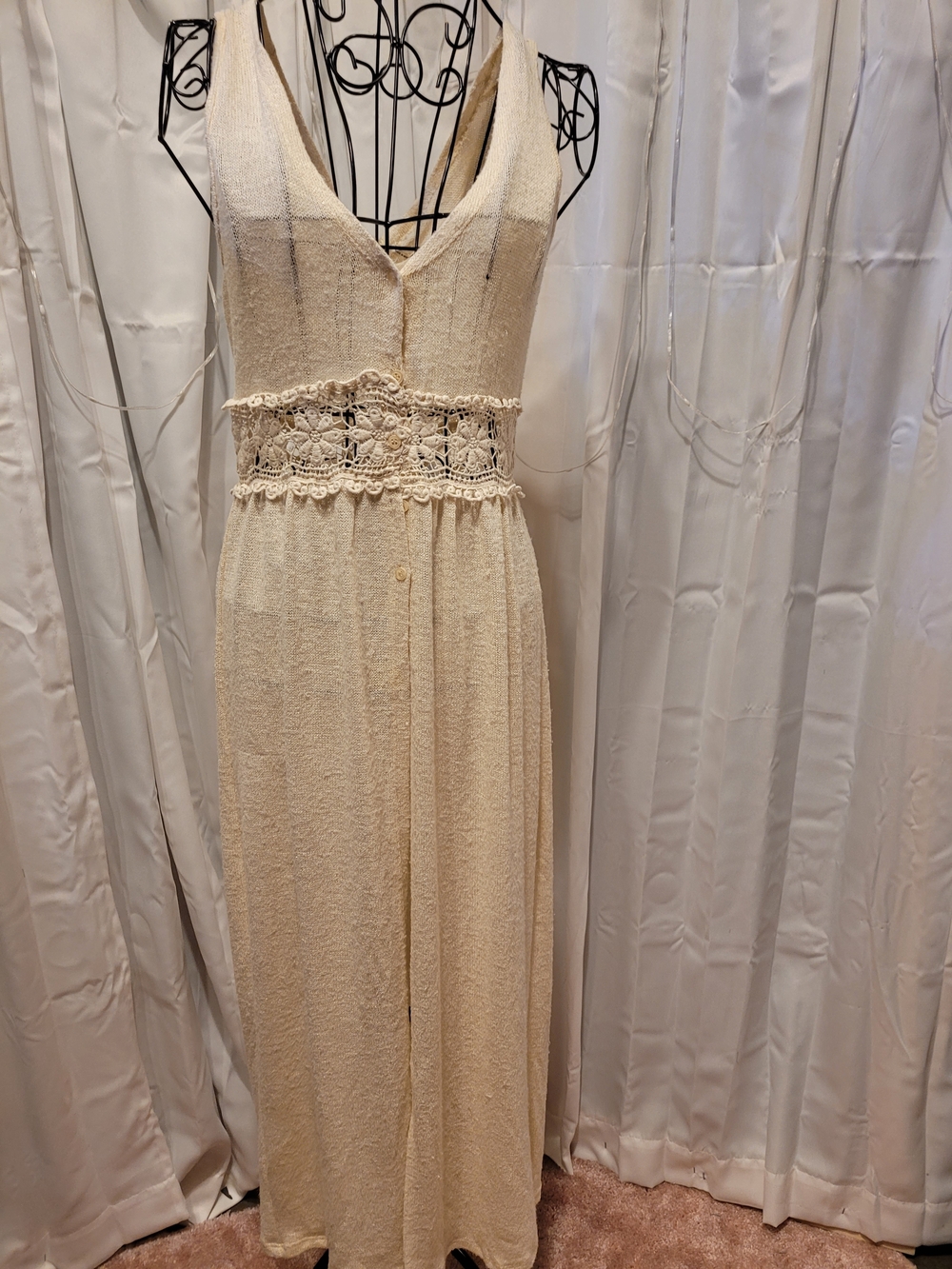 one clothing Cream Crochet-Waist V-Neck Maxi Dress